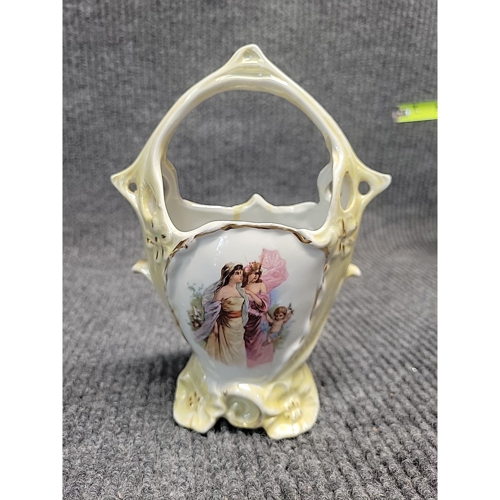 Antique German Souvenir Basket Yell Luster w/Medallion of 2 Women And Child